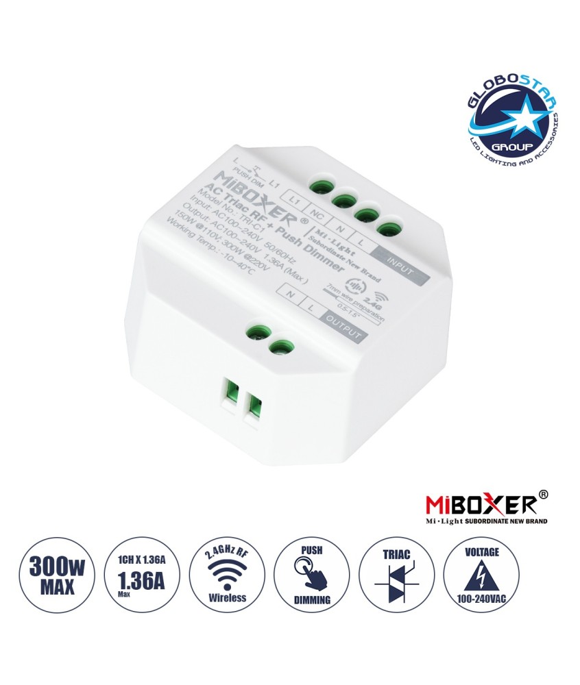 GLOBOSTAR® MiBOXER-TRI-C1 71432 AC Triac RF 2.4Ghz & Push Dimmer με 1 x 1.36A 300W Κανάλι AC 220-240V 1.36A 300W Max IP20 - RF 2.4Ghz & Push Dimming - Μ5 x Π5 x Υ2.3cm - 5 Χρόνια Εγγύηση